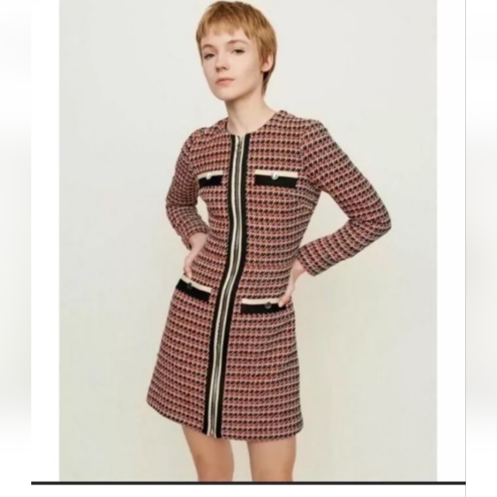 Maje Women's Rouge Romane Tweed Long Sleeve Cotton Blend Dress